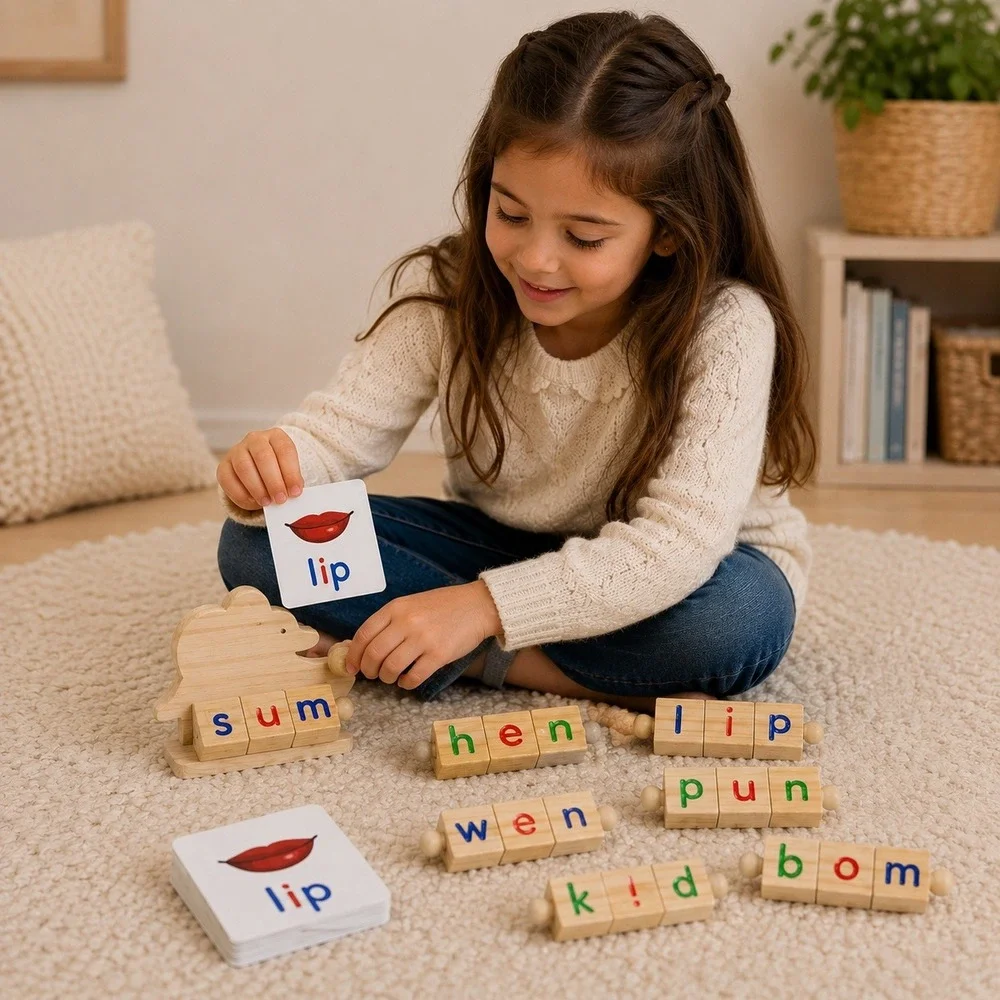 Wooden CVC Word Spelling Game Montessori Educational‎ Toy with Flashcards & Bag